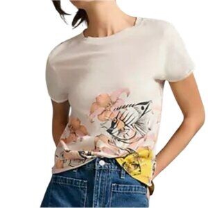 Anthropologie Maeve Graphic Tee T-Shirt XS White Floral Tropical Fish Cotton Top